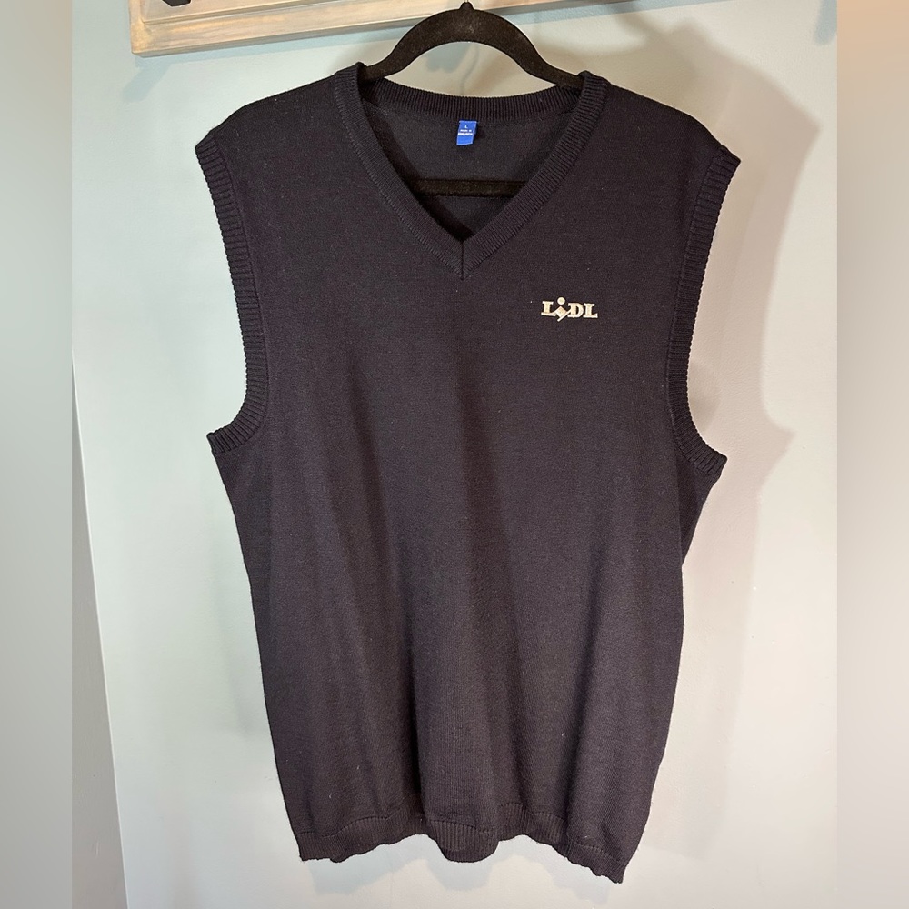 RARE FIND LIDL Embroidered Logo Wool Sleeveless Sweater Pullover in Navy Blue